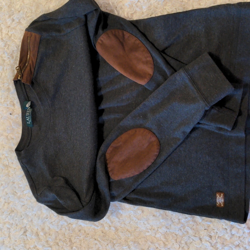 Ralph Lauren, 60% Cotton Faux Suede, Grey Long Sleeve Size Large
